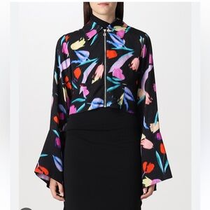NWT ROTATE Agatha black floral print zip wide sleeve shirt, size EU 32/US 0